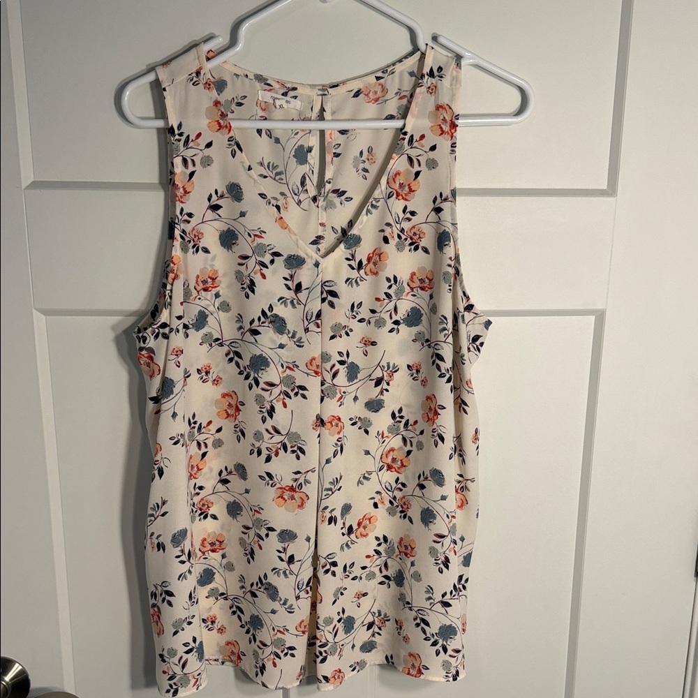 Maurices Cream Floral V-Neck Sleeveless Blouse with Blue & Coral Print